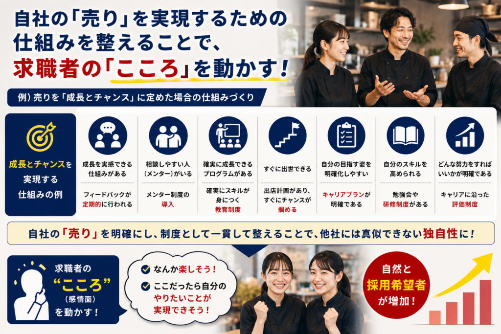 飲食店の採用ブランディングと価値観採用をテーマにした解説画像。上部に「自社の『売り』を実現するための仕組みを整えることで、求職者の『こころ』を動かす!」というタイトルを配置し、採用において独自の価値観や方向性を制度として形にする重要性を伝えている。
中央では、「成長とチャンス」を売りにした場合の仕組みづくりの例を図解で紹介。成長を実感できるフィードバック制度、相談しやすいメンター制度、確実にスキルが身につく教育制度、早期昇進のチャンス、明確なキャリアプラン、勉強会や研修制度、評価制度など、求職者が将来像を描きやすくなる仕組みをアイコン付きで整理している。
右上には笑顔で話し合う飲食店スタッフの写真を配置し、働きがいや成長機会のある職場環境を表現。下部には意欲的な表情のスタッフ写真とともに、「なんか楽しそう!」「ここだったら自分のやりたいことが実現できそう!」という求職者の感情変化を表現し、その結果として採用希望者が増加していく流れをグラフと矢印で示している。
自社の売りを明確化し、それを制度として一貫して整備することで、他社には真似できない独自性を構築し、共感による採用につなげる考え方を表現した画像。飲食店の採用戦略、人材定着、社員教育、キャリア形成、価値観採用、採用ブランディング、人材育成、中小飲食企業の組織づくりをテーマにしたインフォグラフィックデザイン。