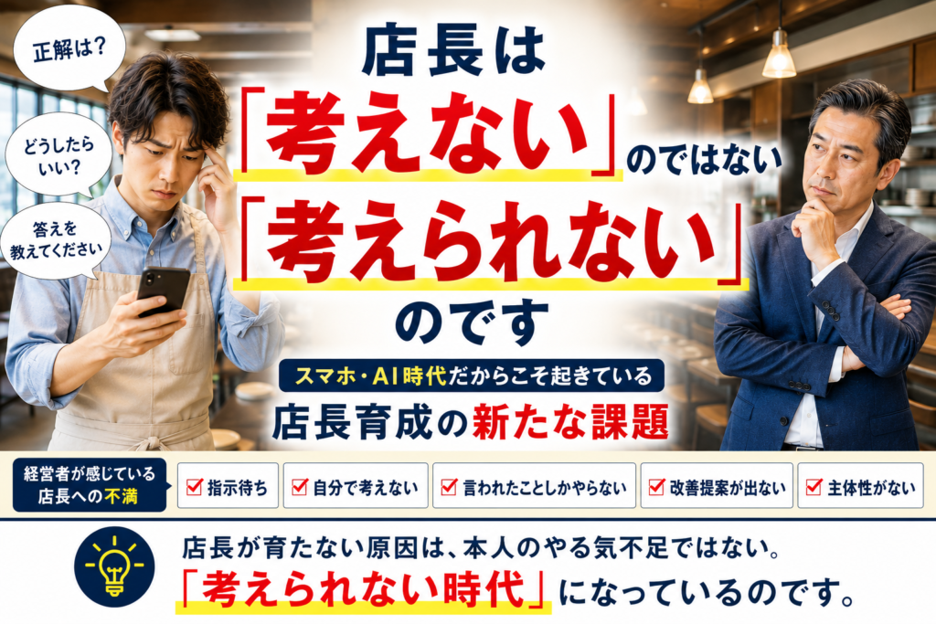 飲食店の店長育成をテーマにした記事のTOP画像。左側には、スマートフォンを見ながら困った表情で考え込む若い飲食店店長が配置され、「正解は?」「どうしたらいい?」「答えを教えてください」といった吹き出しが表示されている。右側には腕を組みながら店長の様子を見つめる経営者・上司が配置され、現代の店長育成の課題を象徴している。
中央には大きく「店長は『考えない』のではない『考えられない』のです」というメッセージを配置。さらに「スマホ・AI時代だからこそ起きている 店長育成の新たな課題」というサブコピーが添えられている。
下部には経営者が感じている店長への不満として、「指示待ち」「自分で考えない」「言われたことしかやらない」「改善提案が出ない」「主体性がない」が並び、「店長が育たない原因は、本人のやる気不足ではない。『考えられない時代』になっているのです」という問題提起で締めくくられている。
飲食店経営、店長育成、店長教育、主体性向上、人材育成、マネジメント、組織づくり、リーダー育成、飲食店コンサルティングをテーマにしたアイキャッチ画像。