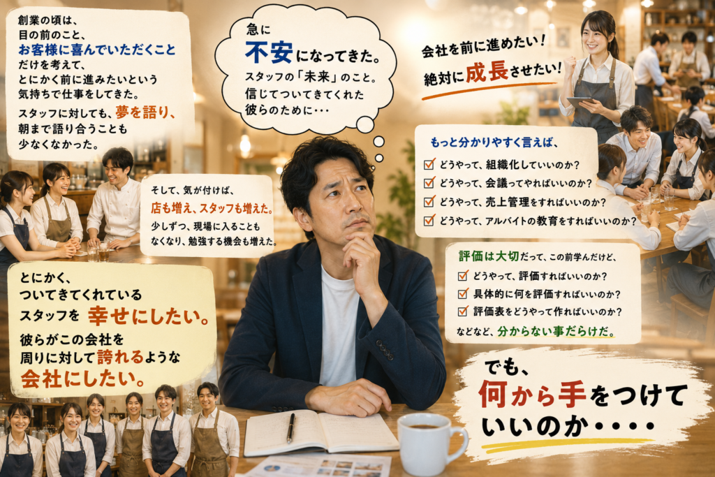 飲食店の多店舗化を目指す創業社長の葛藤と成長を表現したビジュアル。中央では社長が「何から手をつけていいのか…」と悩みながら将来を考え、周囲には創業当時のスタッフとの語り合い、店舗数やスタッフ数の増加、会議や教育、組織づくりの様子が描かれている。画像内には「会社を前に進めたい」「絶対に成長させたい」という強い想いと、「組織化」「売上管理」「アルバイト教育」「評価制度」など、多店舗展開に必要な経営課題が整理されている。また、「スタッフを幸せにしたい」「誇れる会社にしたい」という経営者の想いも表現されており、人材育成を軸にした飲食店経営と組織づくりの重要性を伝える内容となっている。