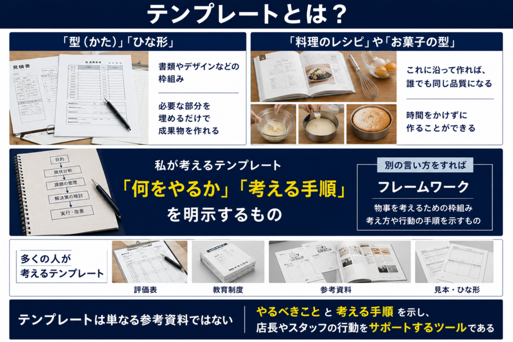 「テンプレートとは?」をテーマにした解説画像。上段では、テンプレートの意味として「型(かた)・ひな形」と「料理のレシピやお菓子の型」の2つの例を紹介。左側には書類やフォーマットの写真を使い、「必要な部分を埋めるだけで成果物を作れる仕組み」と説明。右側にはレシピ本や調理工程の写真を使い、「これに沿って作れば誰でも同じ品質になり、時間をかけずに作ることができる」と説明している。
中央では「私が考えるテンプレート」として、「何をやるか」「考える手順」を明示するものと大きく強調。あわせて、「別の言い方をすればフレームワーク」であり、「物事を考えるための枠組み」「考え方や行動の手順を示すもの」と解説している。
下段では、多くの人が考えるテンプレートの例として「評価表」「教育制度」「参考資料」「見本・ひな形」を掲載。最後に、「テンプレートは単なる参考資料ではなく、やるべきことと考える手順を示し、店長やスタッフの行動をサポートするツールである」とまとめている。ネイビーを基調としたビジネス向けの解説スライド。