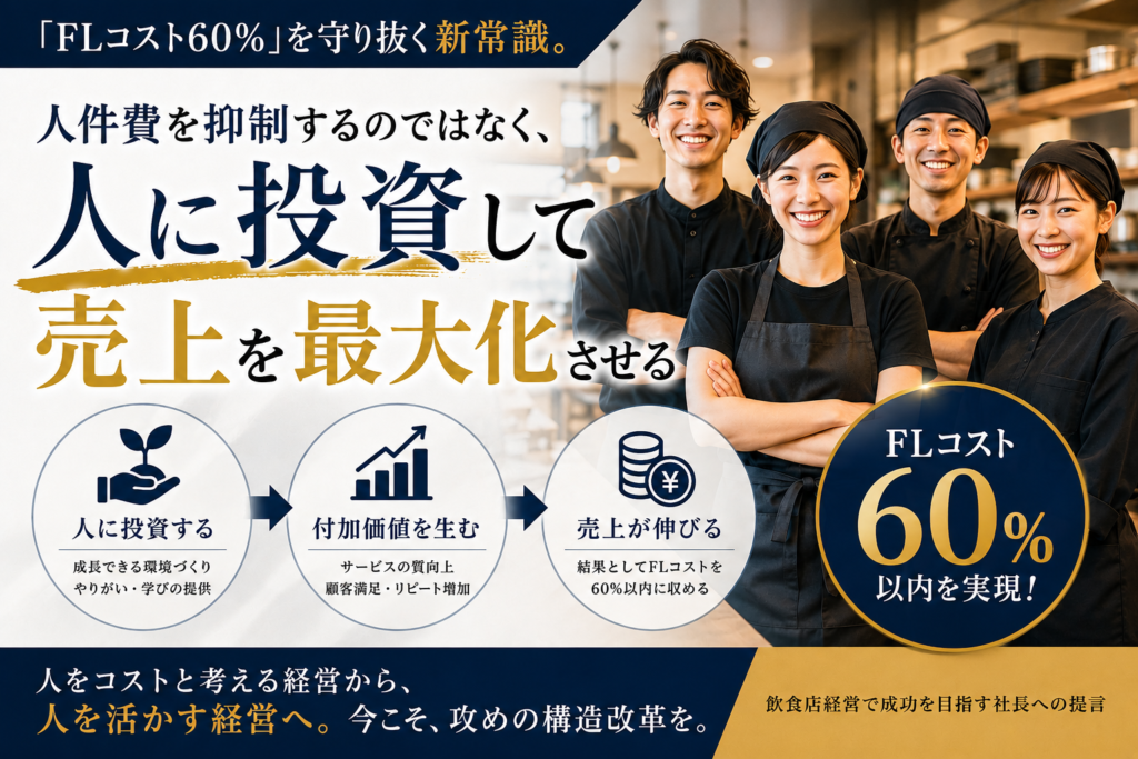 FLコスト60％を守る飲食店経営の新常識をテーマにした記事のTOP画像。人件費を削減するのではなく、人材育成や店長教育に投資し、スタッフの力で付加価値を高め、売上向上と利益改善を実現する「人を活かす経営」を表現している。笑顔で働く飲食店スタッフと、「人に投資する」「付加価値を生む」「売上が伸びる」という流れを図解し、FLコスト60％以内を実現する攻めの経営を訴求している。