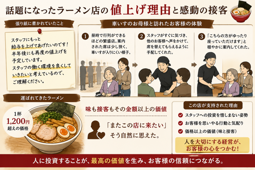 飲食店の値上げと人材投資の関係を解説した図解画像。話題となったラーメン店の事例をもとに、「スタッフにもっと給与を上げたい」「働く環境を良くしたい」という理由で値上げを実施した考え方を紹介している。中央では、車いすのお客様に対してスタッフが席の変更をスムーズに案内し、思いやりのある接客を行った様子を3ステップで表現。下部では1杯1,200円超のラーメンとともに、「味も接客もその金額以上の価値」を感じた顧客体験を紹介している。人への投資が接客品質向上につながり、価格以上の価値を生み出して顧客満足と信頼獲得につながることを伝える内容となっている。