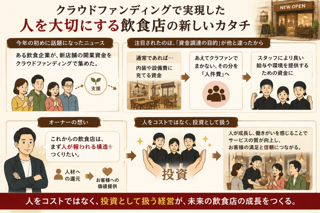 クラウドファンディングを活用して「人への投資」を実現した飲食店の事例を紹介する図解画像。新店舗の開業資金をクラウドファンディングで集め、通常であれば内装や設備費に充てる資金をまかない、その分をスタッフの給与や労働環境の改善に充てた取り組みを解説している。オーナーの「まず人が報われる構造をつくりたい」という想いを中心に、人材への還元がサービス品質向上や顧客満足につながる流れを視覚化。人をコストではなく投資として捉え、スタッフの成長と働きがいがお客様への価値提供を生み出し、飲食店の持続的な成長につながることを表現している。