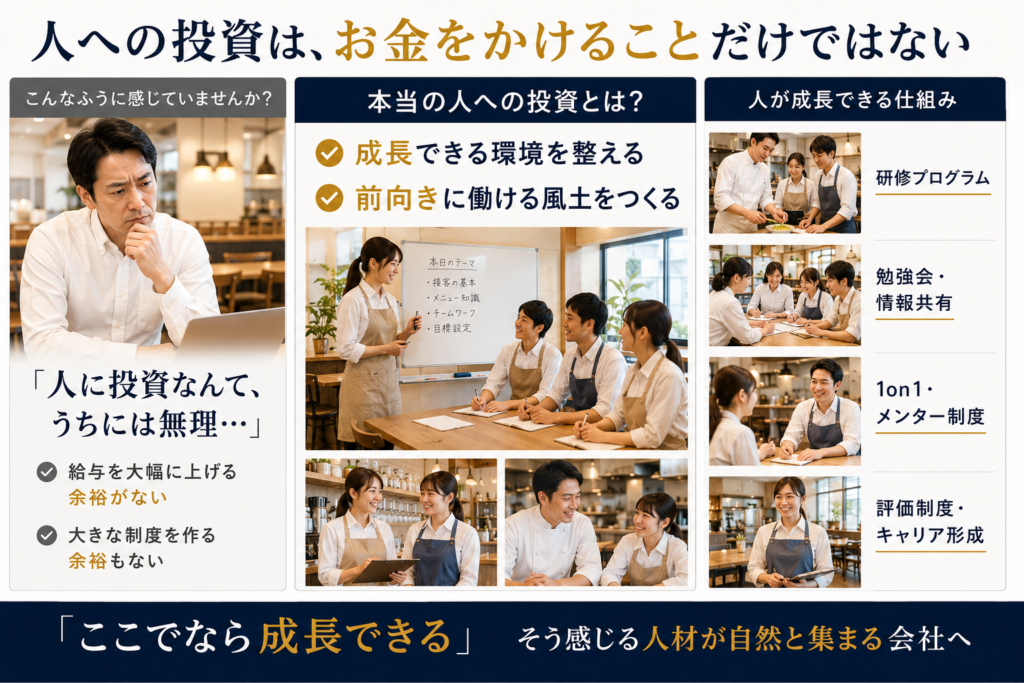 人材育成への投資の重要性を解説した飲食店経営向けの図解画像。「人への投資は、お金をかけることだけではない」をテーマに、人への投資に消極的な経営者の悩みと、本当の意味での人材投資の考え方を紹介している。中央では「成長できる環境を整える」「前向きに働ける風土をつくる」の2つを軸に、研修やミーティングを通じて学ぶスタッフの様子を掲載。右側では、研修プログラム、勉強会・情報共有、1on1・メンター制度、評価制度・キャリア形成といった成長支援の仕組みを写真付きで紹介している。人材育成の仕組みづくりによって、「ここでなら成長できる」と感じる人材が自然と集まる会社づくりを表現した画像。