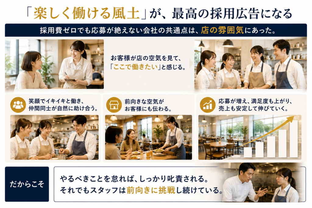 採用費をかけなくても応募が集まる飲食店の特徴を解説した図解画像。「楽しく働ける風土が、最高の採用広告になる」をテーマに、スタッフが笑顔で働き、仲間同士が自然に助け合う職場環境の重要性を紹介している。お客様が店の雰囲気を見て「ここで働きたい」と感じる様子を中心に、前向きな空気がスタッフからお客様へ伝わり、応募者の増加、顧客満足度の向上、売上の安定成長につながる流れを表現。さらに、単に楽しいだけではなく、やるべきことは厳しく指導しながらも、スタッフが「もっと良くなりたい」と前向きに挑戦し続ける組織風土が、人材定着と業績向上を実現することを伝えている。