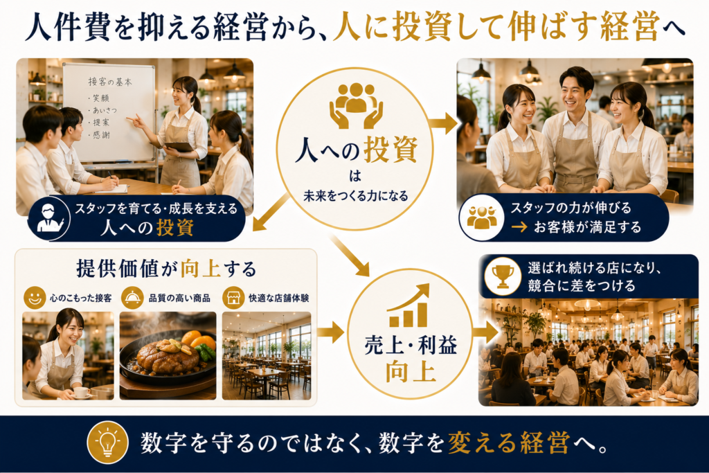 人件費を抑える経営から、人に投資して成長を目指す経営への転換を解説した飲食店経営向けの図解画像。中央に「人への投資は未来をつくる力になる」というメッセージを配置し、スタッフ教育や成長支援への投資が企業成長につながる流れを表現している。左側では研修や教育を通じてスタッフを育成する様子を、右側では成長したスタッフがお客様満足を高める姿を掲載。下部では、接客品質の向上、高品質な商品提供、快適な店舗体験によって提供価値が高まり、その結果として売上・利益が向上し、競合との差別化につながる流れを示している。人材育成をコストではなく未来への投資と捉え、数字を守るのではなく数字を変える経営の重要性を伝える画像。