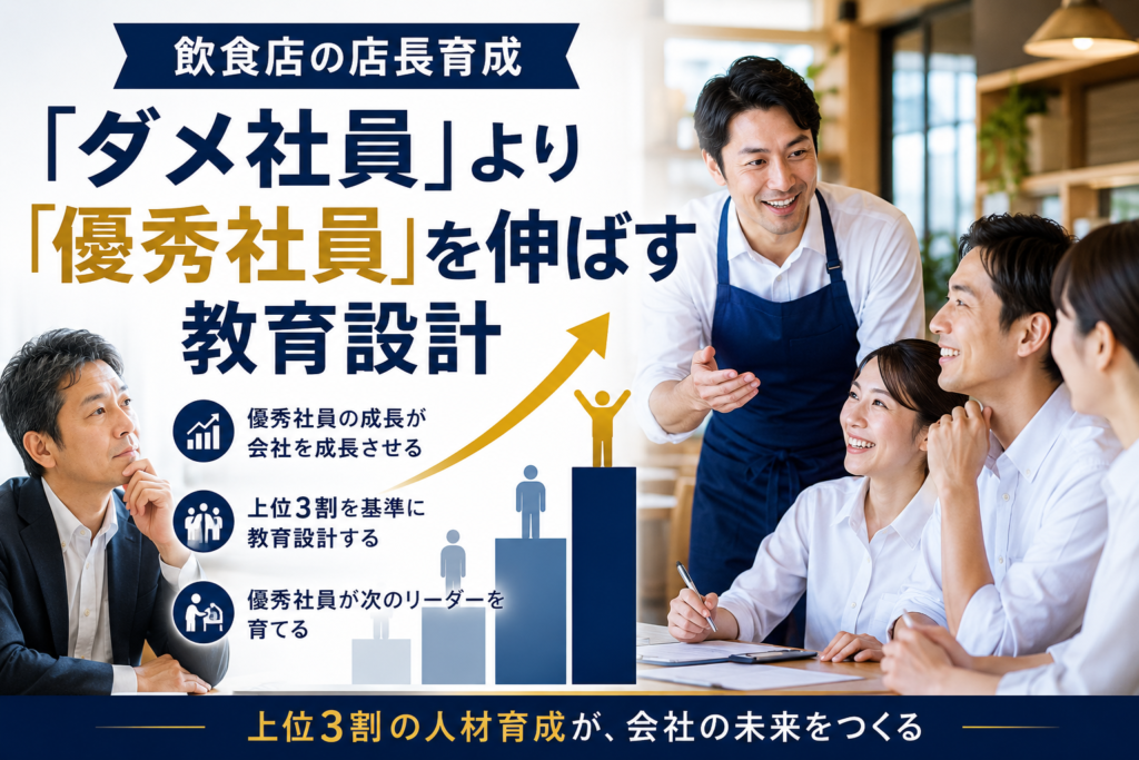 飲食店の店長育成と社員教育のポイントを解説する記事のトップ画像。ダメ社員への対応よりも優秀社員を伸ばす教育設計をテーマに、上位3割の人材育成、店長教育、リーダー育成、組織成長の重要性を表現。飲食店経営における人材育成と教育カリキュラム構築をイメージしたデザイン。