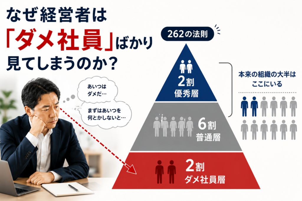 飲食店の社員教育・店長育成をテーマにした解説画像。大きく「なぜ経営者は『ダメ社員』ばかり見てしまうのか?」という見出しを配置。左側には悩みながら考え込む経営者の姿があり、「あいつはダメだ」「まずはあいつを何とかしないと」と問題社員に意識が向いている様子を表現。中央には262の法則を示すピラミッド図を配置し、「2割 優秀層」「6割 普通層」「2割 ダメ社員層」に分類。経営者の視線が下位2割のダメ社員層へ向いていることを矢印で示し、組織運営や人材育成において問題社員ばかりに注目しがちな経営者の視点を表現したインフォグラフィック。
