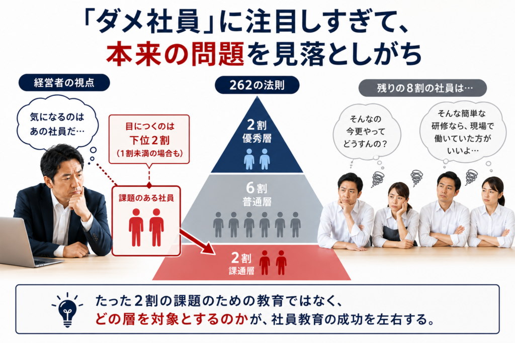 飲食店の社員教育・店長育成をテーマにした解説画像。「『ダメ社員』に注目しすぎて、本来の問題を見落としがち」という見出しを大きく配置。中央には262の法則を示すピラミッド図があり、「2割 優秀層」「6割 普通層」「2割 課題層」に分類。左側では経営者が「気になるのはあの社員だ…」と考えながら下位2割の課題社員に視線を向けている様子を表現。右側では残り8割の社員が「そんなの今更やってどうすんの?」「そんな簡単な研修なら現場で働いていた方がいいよ…」と感じている様子を描写。問題社員ばかりに注目した教育が、他の社員の参加意欲低下につながる可能性と、教育対象の設定の重要性を表現した人材育成・社員教育に関するインフォグラフィック。