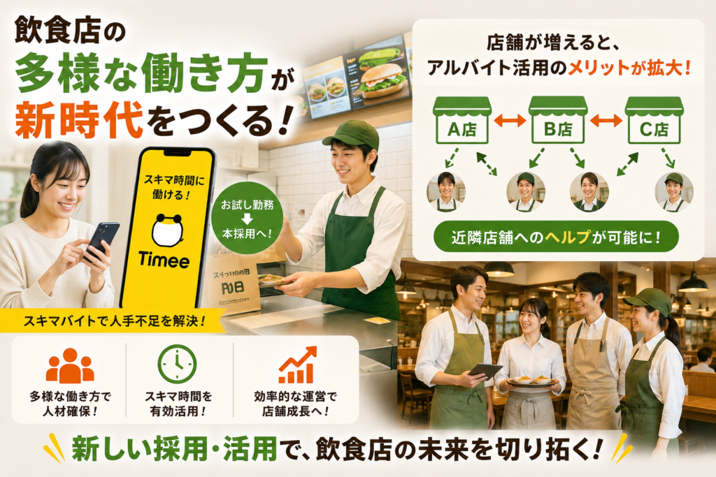 飲食店における多様な働き方とスキマバイト活用の広がりを表現したイメージ画像。スマートフォンのアプリを利用してスキマ時間に働くスタッフや、飲食店で勤務するアルバイトの様子を中心に配置。複数店舗を展開する企業では、A店・B店・C店の間でスタッフがヘルプに入れる仕組みを図解し、人員不足の解消や人材活用の幅が広がるメリットを分かりやすく紹介している。また、店舗数が増えることで近隣店舗への応援勤務が可能となり、人材確保や効率的な店舗運営につながることを表現。飲食店業界で進む新しい採用手法や働き方の変化、多店舗運営における人材活用の可能性を伝える飲食店経営者向けの解説画像。
