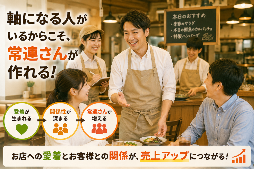 店長を中心にスタッフとお客様が良好な関係を築いている飲食店の様子を表現したイメージ画像。白シャツとベージュのエプロンを着用した店長が常連客と笑顔で会話し、周囲ではスタッフが連携しながら接客を行っている。画像内では「愛着が生まれる」「関係性が深まる」「常連さんが増える」という流れを図解し、店への愛着とお客様との関係づくりが売上向上につながることを分かりやすく表現。人手不足の時代でも、店舗に軸となる人が存在し、スタッフが自分の店という意識を持って働くことで、常連客の増加やチーム力の向上、安定した店舗運営につながることを訴求している飲食店経営者向けの解説画像。