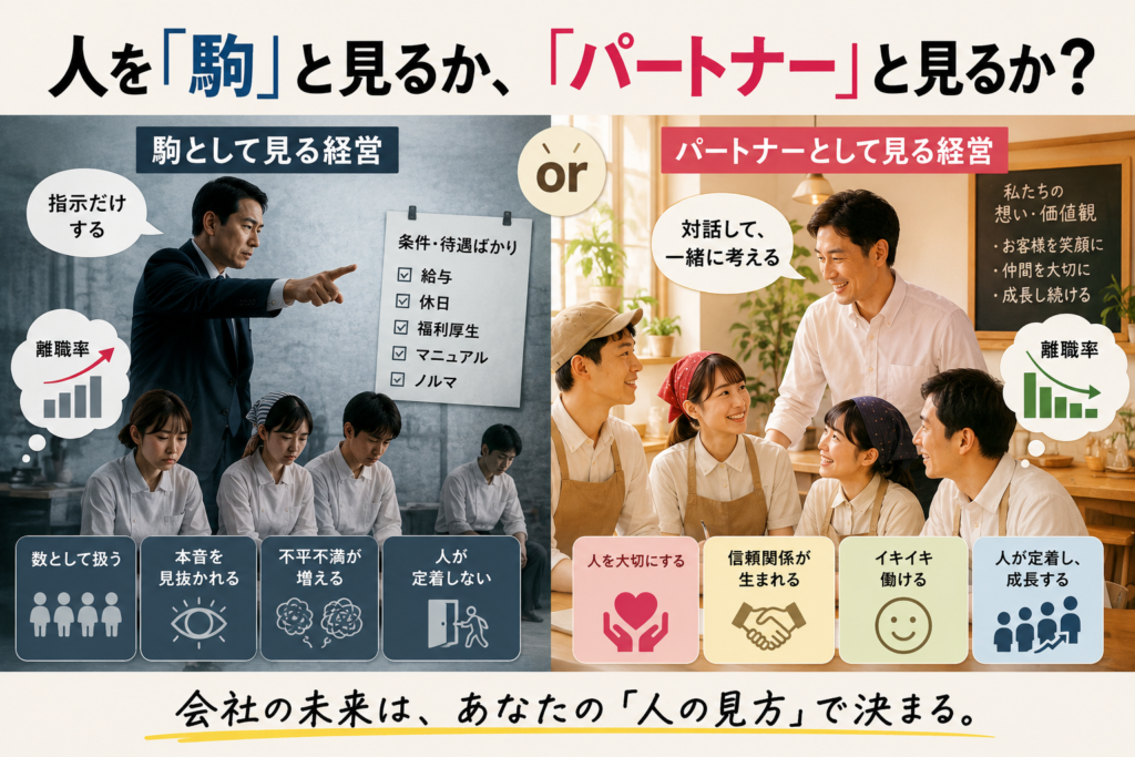「人を『駒』と見るか、『パートナー』と見るか?」をテーマにした比較画像。左側は、指示だけを出しスタッフを数として扱う経営者と、元気のないスタッフたちを配置し、「不平不満が増える」「人が定着しない」などの課題を表現。右側は、スタッフと対話しながら笑顔で関わる経営者と、明るく前向きなスタッフたちを配置し、「信頼関係が生まれる」「イキイキ働ける」「人が定着し成長する」様子を表現している。下部には「会社の未来は、あなたの『人の見方』で決まる。」というメッセージを掲載。