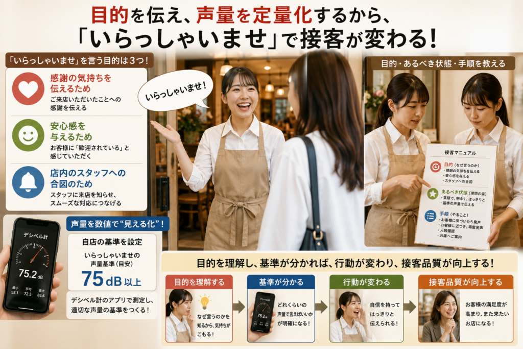 飲食店の接客教育をテーマに、「目的を伝え、声量を定量化するから『いらっしゃいませ』で接客が変わる!」を訴求した画像。中央では店舗入口でスタッフがお客様に笑顔で「いらっしゃいませ」と挨拶している。左側には挨拶の目的として「感謝の気持ちを伝える」「安心感を与える」「店内スタッフへの合図」の3つを掲載。下部にはスマホのデシベル計を使った声量基準の見える化を紹介し、「75dB以上」を目安として表示。右側にはマニュアルを用いた教育風景を配置し、「目的・あるべき状態・手順」を教える重要性を表現。下部では「目的を理解する→基準が分かる→行動が変わる→接客品質が向上する」の流れを示している。