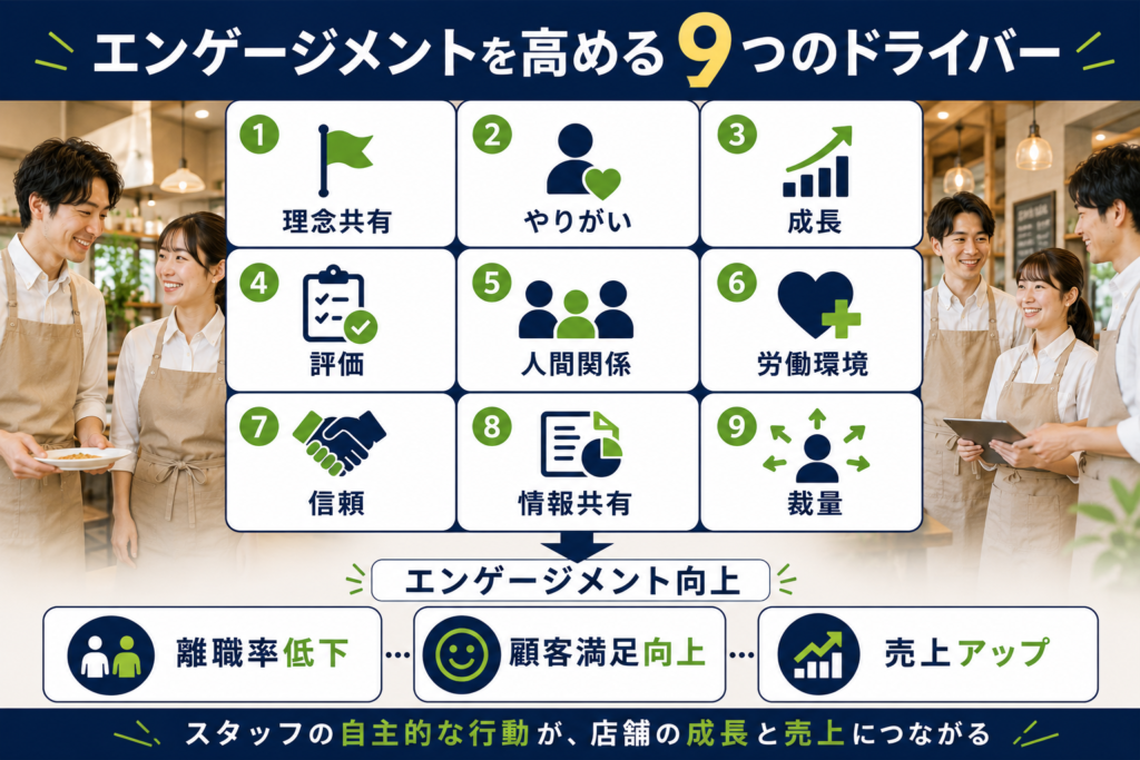 エンゲージメント向上の仕組みを説明した図解。中央に「エンゲージメントを高める9つのドライバー」と大きく配置され、「理念共有」「やりがい」「成長」「評価」「人間関係」「労働環境」「信頼」「情報共有」「裁量」の9項目をアイコン付きで整理。左右には明るい飲食店で働く日本人スタッフの写真を配置し、チームで働く様子を表現している。9つのドライバーから「エンゲージメント向上」へつながり、その先に「離職率低下」「顧客満足向上」「売上アップ」の成果が示されている。下部には「スタッフの自主的な行動が、店舗の成長と売上につながる」とまとめられている。