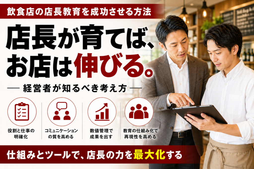 飲食店の店長教育をテーマにした横長バナー。「店長が育てば、お店は伸びる。」という大きなメッセージを中心に、「経営者が知るべき考え方」と表示。右側では、経営者と店長がタブレットを見ながら打ち合わせを行う様子を配置。下部には「役割と仕事の明確化」「コミュニケーションの質を高める」「数値管理で成果を出す」「教育の仕組み化で再現性を高める」の4項目をアイコン付きで紹介し、「仕組みとツールで、店長の力を最大化する」と訴求している。