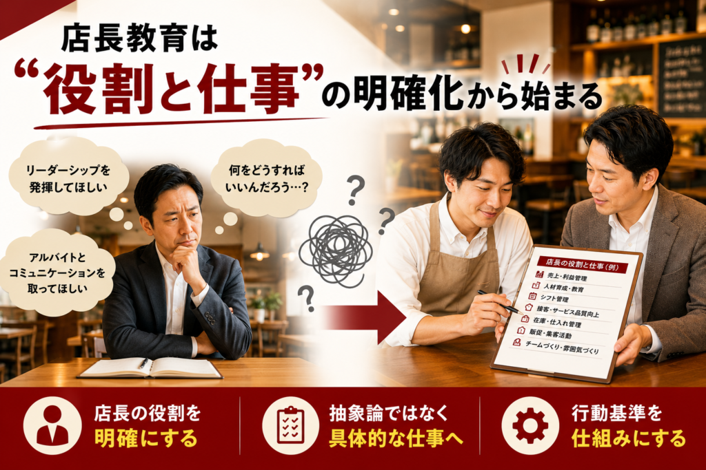飲食店の店長教育では「役割と仕事の明確化」が重要であることを伝える横長バナー。左側では、経営者が「リーダーシップを発揮してほしい」「アルバイトとコミュニケーションを取ってほしい」など抽象的な期待を抱きながら悩む様子を表現。右側では、経営者が店長に「店長の役割と仕事一覧」を使って具体的な業務を説明している。下部には「店長の役割を明確にする」「抽象論ではなく具体的な仕事へ」「行動基準を仕組みにする」の3つのポイントを配置し、店長教育は具体化と仕組み化が重要であることを訴求している。