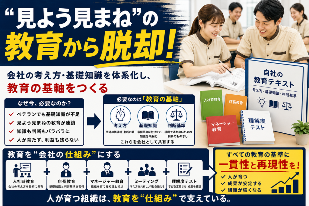 「“見よう見まね”の教育から脱却!」をテーマに、飲食店経営に必要な教育の仕組み化を伝える画像。会社の考え方や基礎知識を体系化した「教育の基軸」を整備し、店長教育やマネージャー教育、社員教育を共通の基準で行う重要性を表現している。飲食店の人材育成、店長育成、マネージャー育成、社員教育、教育マニュアル、教育制度の構築を通じて、人が育つ組織づくりと売上・利益向上を目指す飲食店経営の考え方を紹介するブログ記事のアイキャッチ画像。