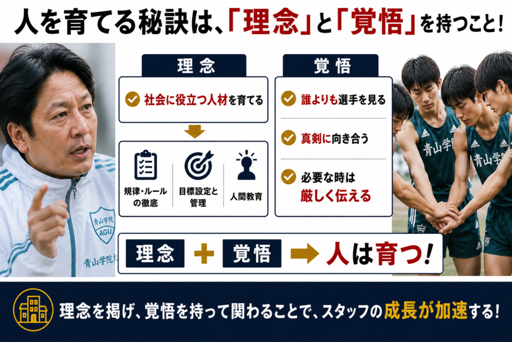 青山学院大学・原晋監督をイメージした指導者と、円陣を組む駅伝選手たちを配置し、「人を育てる秘訣は、『理念』と『覚悟』を持つこと!」というテーマを伝える画像。中央では「理念」と「覚悟」の2つを軸に、人材育成の考え方を整理。「理念」では、社会に役立つ人材を育てるために、規律・ルールの徹底、目標設定と管理、人間教育を重視することを示し、「覚悟」では、誰よりも選手を見て、真剣に向き合い、必要な時は厳しく伝える姿勢を紹介。最後に、「理念+覚悟=人は育つ」というメッセージとともに、指導者の本気の関わりが人材の成長を加速させることを訴えている。