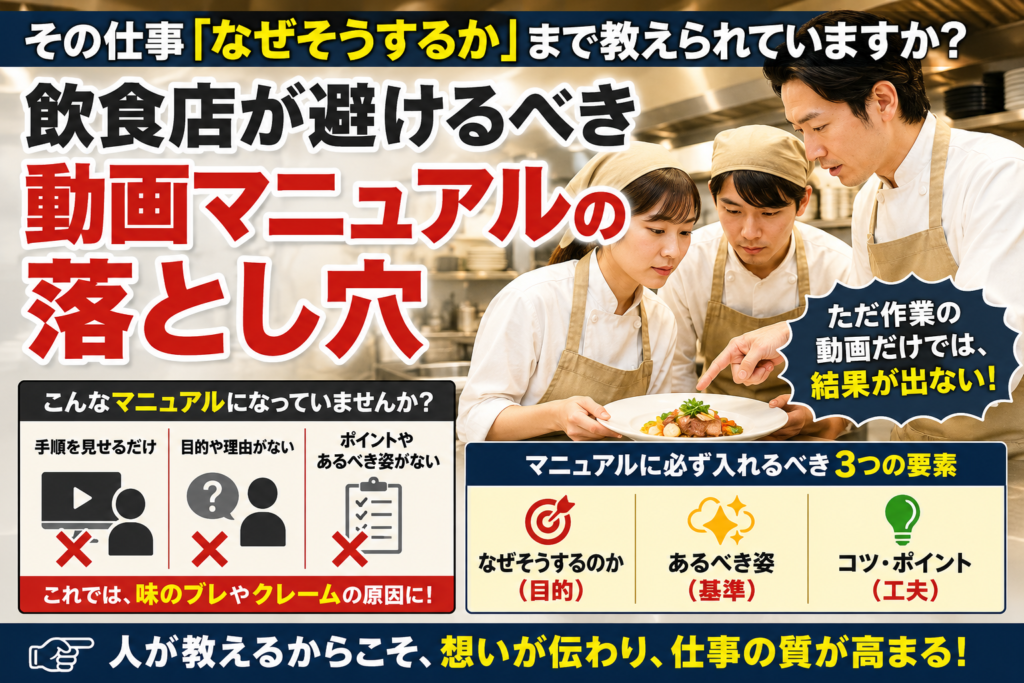 飲食店の動画マニュアルの落とし穴をテーマにしたアイキャッチ画像。動画マニュアルは作業手順を効率よく伝えられる一方で、「なぜそうするのか」という目的や理由、「あるべき姿」「コツ・注意点」まで伝えなければ、品質低下や味のブレ、クレームの原因になることを訴求している。実際に店長や先輩スタッフが新人教育を行う様子と動画教材を対比し、人が直接教えることで仕事の目的や考え方、技術が正しく伝わり、飲食店の社員教育やアルバイト教育、人材育成の質が向上することを表現した画像。動画マニュアルは補助ツールとして活用し、教育の本質は人が伝えることにあるというメッセージを伝えている。