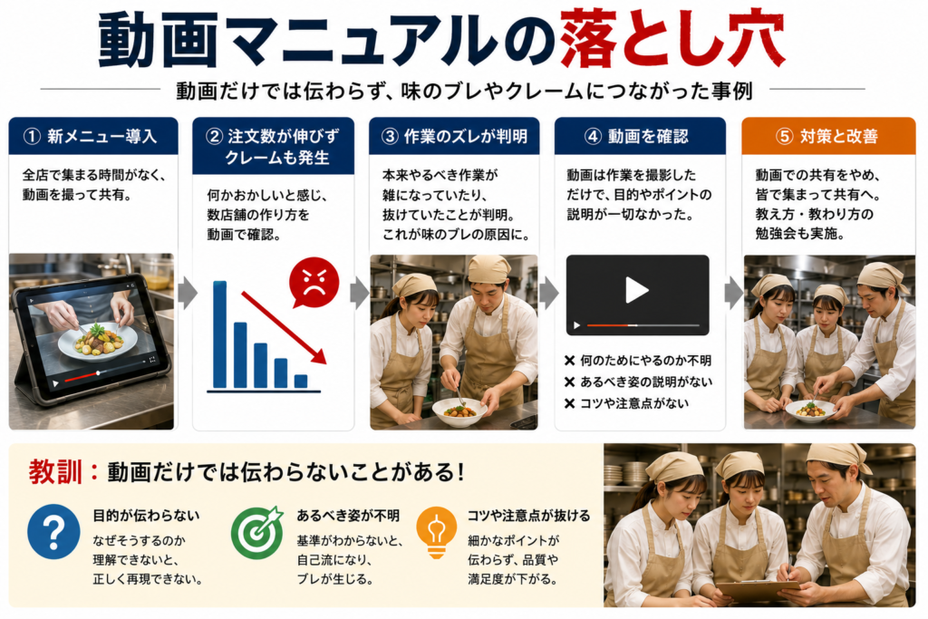 飲食店の動画マニュアルの問題点を事例で解説した図解画像。新メニュー導入時に動画だけで作業を共有した結果、注文数の低下やクレーム、調理品質のバラつきが発生した流れを5つのステップで紹介している。動画では「なぜそうするのか」という目的や、あるべき姿、コツ・注意点が十分に伝わらず、自己流の作業につながる危険性を解説。最後に、動画マニュアルは補助として活用し、人による直接指導や教え方の共有が品質向上と人材育成には不可欠であることを伝えている。飲食店の社員教育、アルバイト教育、店長教育、動画マニュアルの作り方や教育方法を考える経営者・管理者向けの内容。