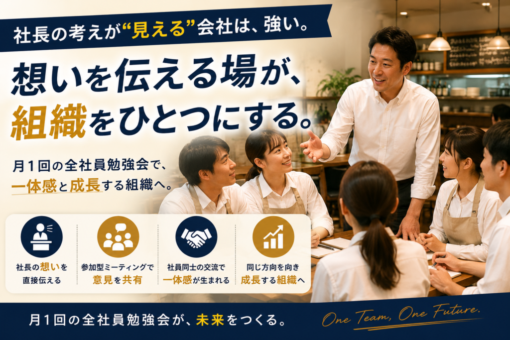 社長が社員へ会社の理念や方針、今後の方向性を直接伝え、全社員勉強会を通じて組織の一体感を高める様子を表現したイメージ画像。参加型のミーティングで社員同士が意見交換を行い、社長の考えを共有することで、価値観の統一やコミュニケーションの活性化、店舗間の連携強化につなげる場面を描いている。飲食店の多店舗化を進める企業において、人を活かす経営や店長育成、社員教育、組織づくりの重要性を伝えるブログ記事のトップ画像。