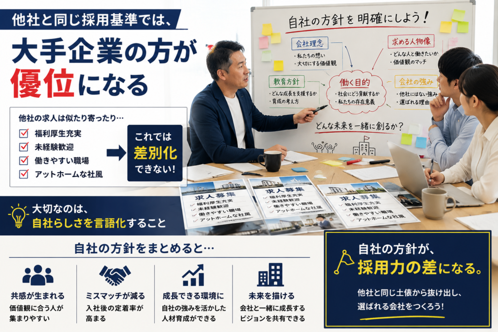 多店舗展開を目指す飲食店経営者向けに、採用基準の考え方を解説した記事内画像。「他社と同じ採用基準では、大手企業の方が優位になる」というメッセージを中心に、他社と似た求人内容では差別化できず、大手企業との採用競争に巻き込まれることを表現している。画像では、経営者がスタッフとホワイトボードを使いながら会社理念、教育方針、求める人物像、会社の強みなど自社の方針を整理する様子を配置し、自社らしさを明確にする重要性を訴求。下部では、自社の方針を言語化することで、価値観に共感する人材が集まり、採用後のミスマッチ防止、人材育成、定着率向上につながることを紹介している。飲食店の求人・採用、人材育成、多店舗展開、店長育成をテーマにした記事の内容を補強するイメージ画像。