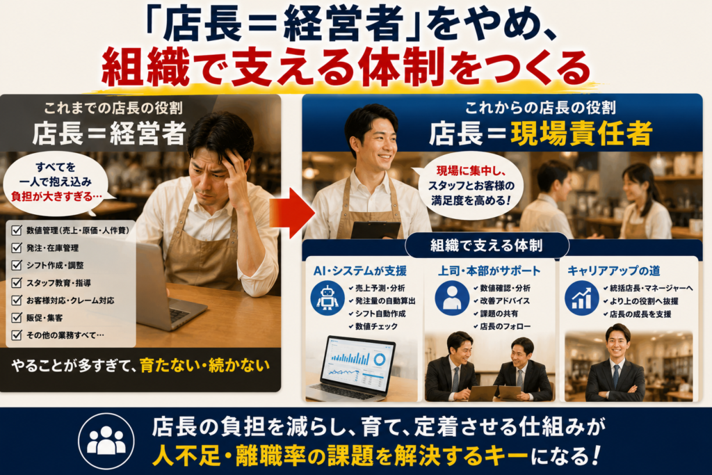 飲食店の店長教育と組織づくりをテーマに、「店長=経営者」から「店長=現場責任者」への役割転換を表現した画像。左側では、数値管理、発注、シフト作成、スタッフ教育、販促など、すべての業務を一人で抱え込み負担が大きい店長の姿を描写。右側では、AIやシステムが数値管理を支援し、本部・SV・マネージャーが店長をフォローする体制を整えることで、店長は現場責任者としてスタッフ育成やお客様満足度向上に集中できることを示している。さらに、統括店長やマネージャーへのキャリアアップを通じて組織全体で店長を支える仕組みを構築し、人不足や離職率の改善につなげる飲食店経営の考え方を表現した画像。