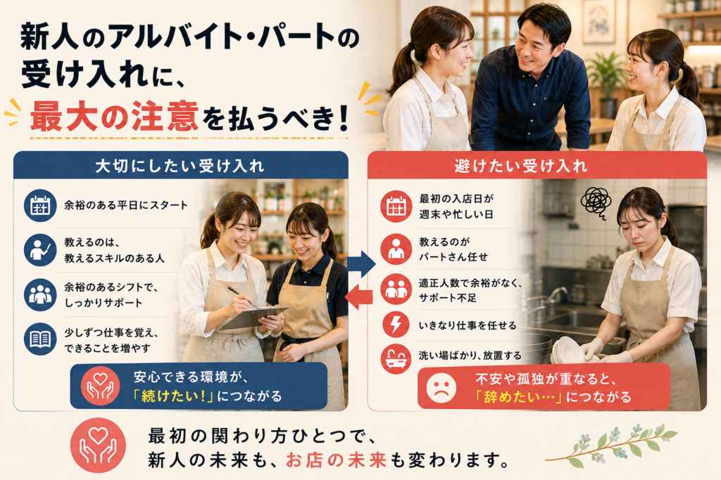 飲食店の新人アルバイト・パートの受け入れと新人教育のポイントを比較した図解。余裕のある平日に入店させ、教育スキルのあるスタッフが指導し、十分なサポートを行いながら少しずつ仕事を覚えてもらうことが定着につながる一方、忙しい週末に入店させたり、十分な教育やサポートがないまま仕事を任せたり、洗い場だけをさせて放置することは離職につながることを示している。