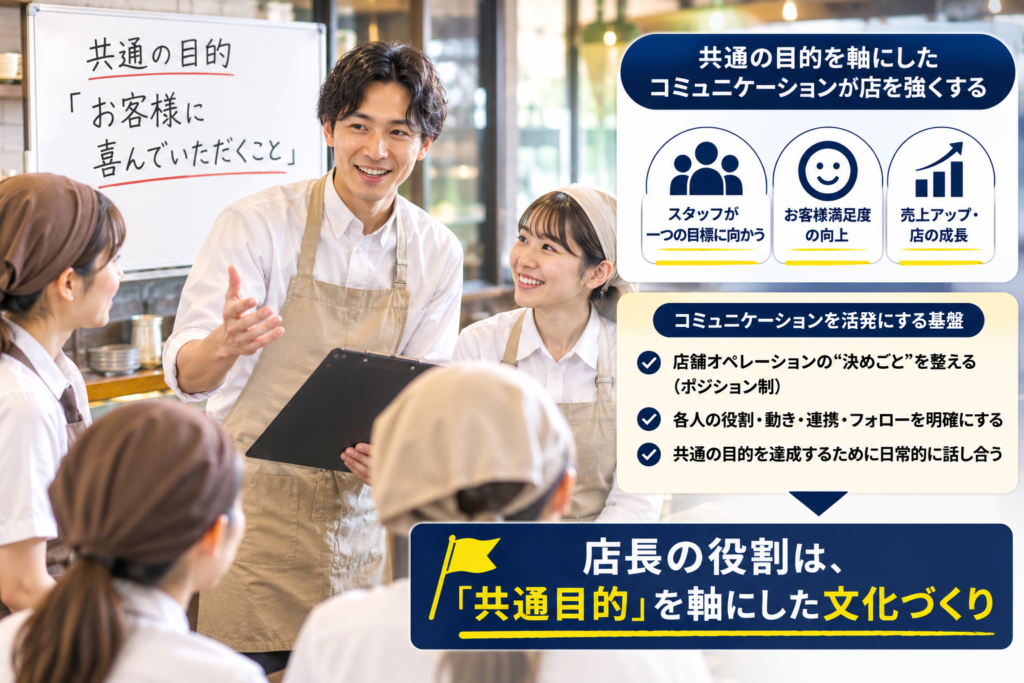 飲食店の店長がスタッフに「お客様に喜んでいただく」という共通の目的を伝え、目的達成のためのコミュニケーション文化をつくっている場面。店舗オペレーションの役割・動き・連携・フォローを明確にし、スタッフが同じ目的に向かって日常的に話し合うことで、顧客満足度の向上や売上アップにつなげる店長の役割を示している。