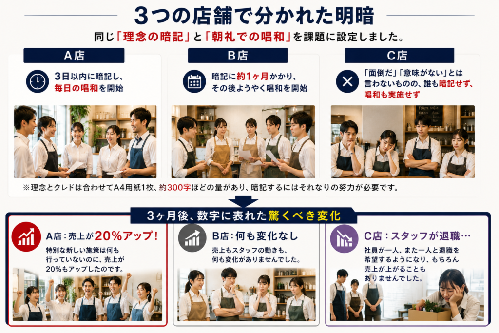 3店舗で「理念・クレドの暗記」と「毎日の朝礼での唱和」を実施した結果を比較した事例図。A店は社員約5名が3日以内に理念を暗記し、毎日の唱和を開始。3ヶ月後、特別な新施策を行わないまま売上が20%アップした。B店は暗記に約1ヶ月かかり、その後唱和を開始したものの、売上やスタッフの動きに変化はなかった。C店は理念を誰も暗記せず、唱和も実施しなかった結果、社員が一人、また一人と退職を希望するようになった。「理念を覚え、毎日唱和する」という行動の違いが、3ヶ月後の売上・スタッフの意識・組織の状態に大きな差を生んだことを示している。