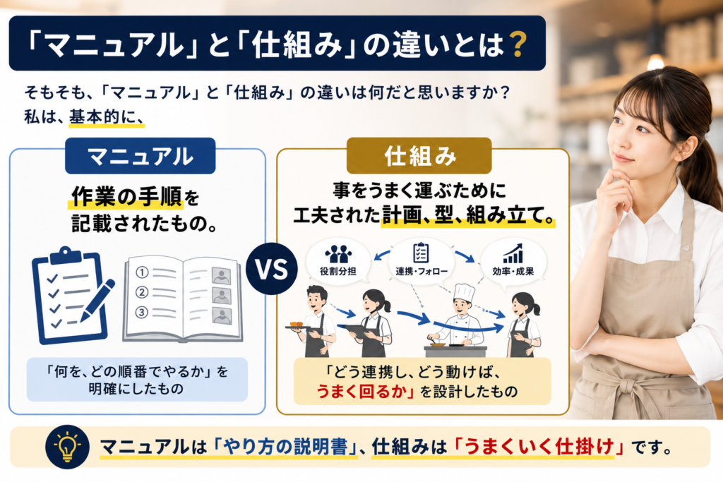 「マニュアル」と「仕組み」の違いを比較した飲食店経営向けの図解。左側では、マニュアルを「作業の手順を記載したもの」とし、準備・注文・料理提供・会計・見送りなどの手順を示している。右側では、仕組みを「事をうまく運ぶために工夫された計画・型・組み立て」とし、役割と責任、スタッフ同士の動きの連携、再現性のある型、成果につながる流れを図解。マニュアルは「やり方」を示し、仕組みは「うまくいく構造」をつくるという違いを表現している。