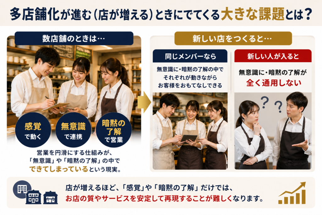 多店舗化が進む飲食店で起こる「感覚」「無意識」「暗黙の了解」の限界を示した図解。左側では、数店舗の段階では、同じメンバーが感覚的に動き、無意識の連携や暗黙の了解によって営業を円滑に回している様子を飲食店スタッフの写真で表現。右側では、新しい店舗に新しいスタッフが加わると暗黙の了解が通用せず、動き方や連携が分からなくなる状況を対比している。下部では、店舗数が増えるほど感覚や暗黙の了解だけでは、お店の品質やサービスを安定して再現することが難しくなるという、多店舗経営における仕組み化の重要性を示している。
